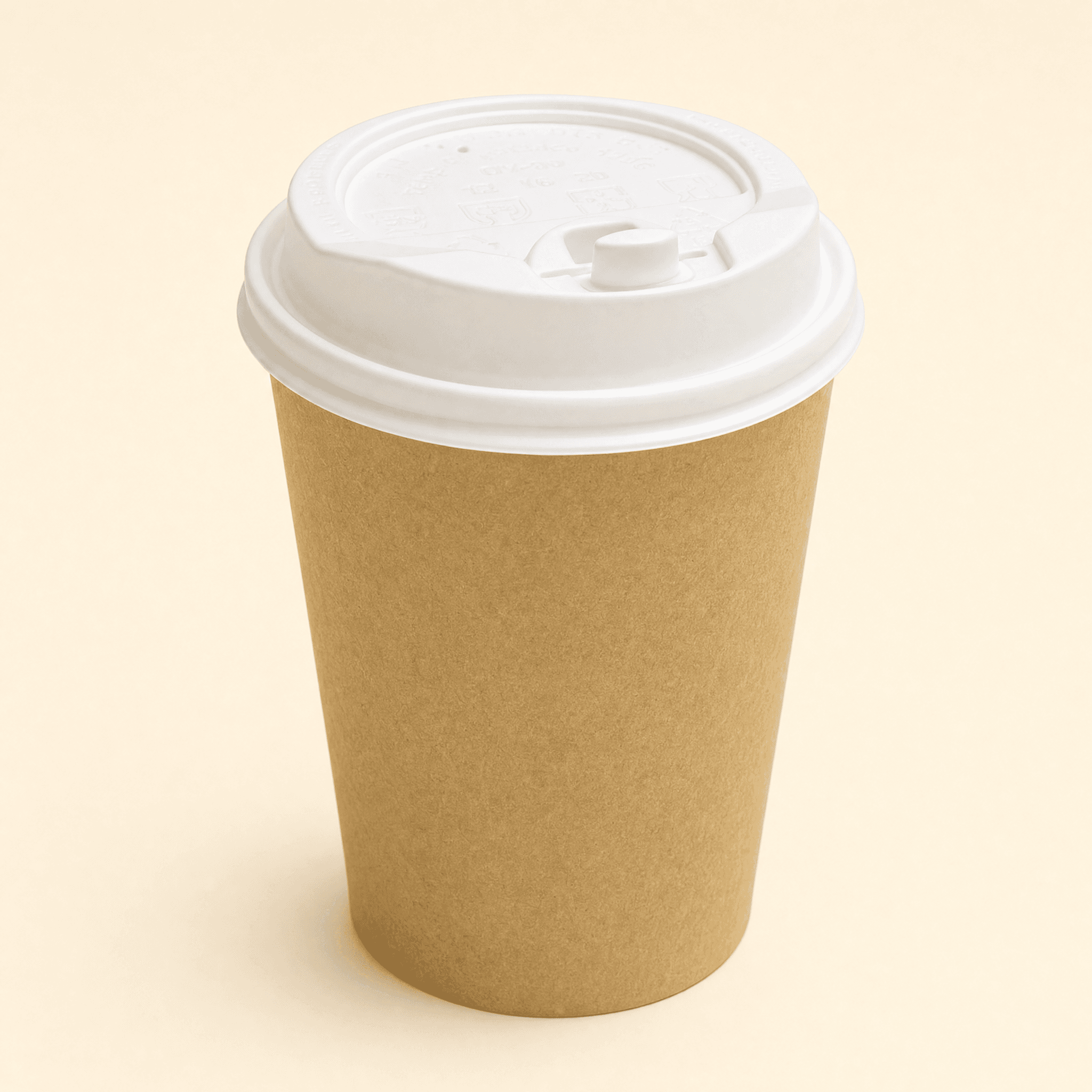 Kraft hot cup with a white dome sip-lid snapped on top on a cream background