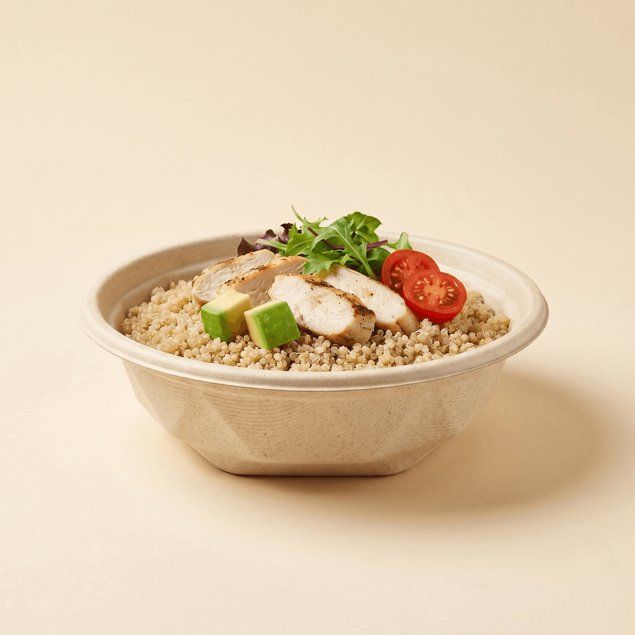 Bowl filled with a grain bowl of quinoa, grilled chicken, avocado, cherry tomatoes and fresh greens on a cream studio background