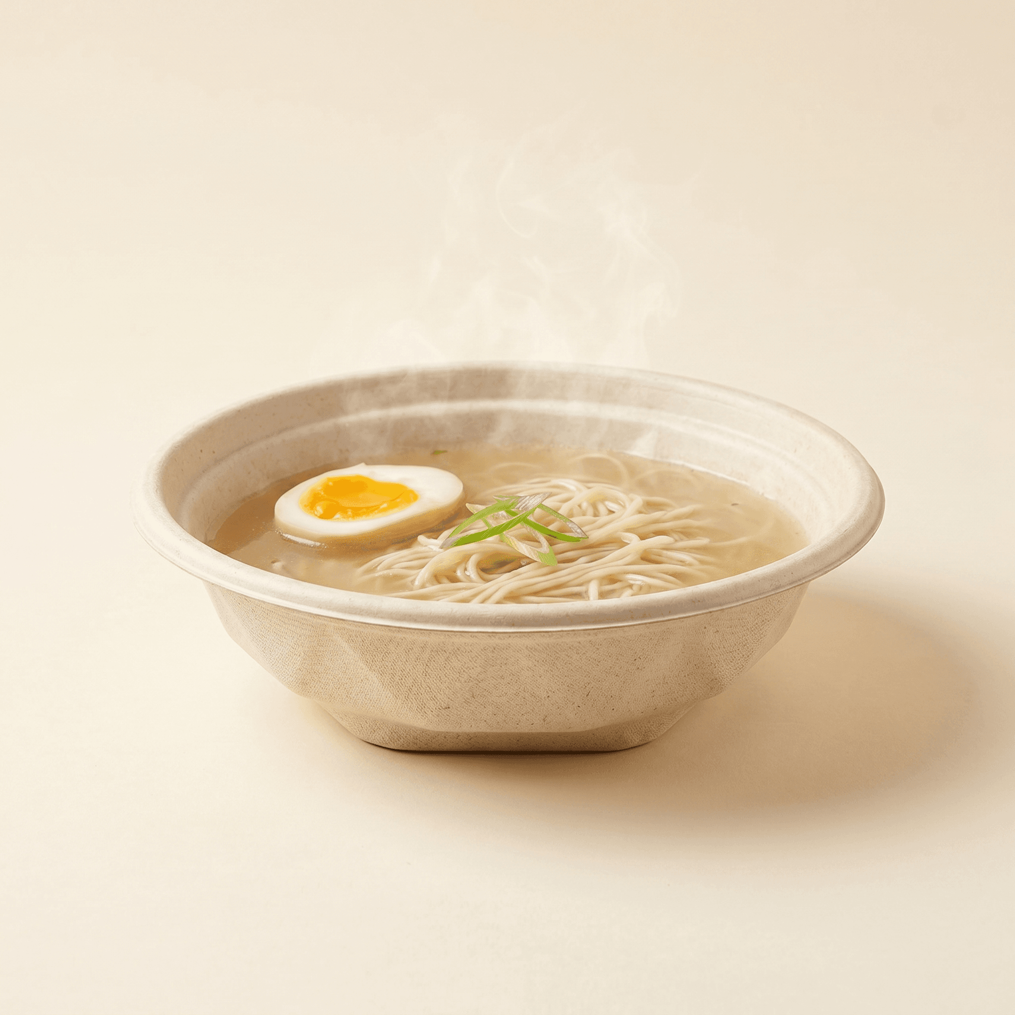 Bowl filled with steaming hot ramen — broth, noodles, a soft egg and scallions — on a cream studio background, showing it holds hot food