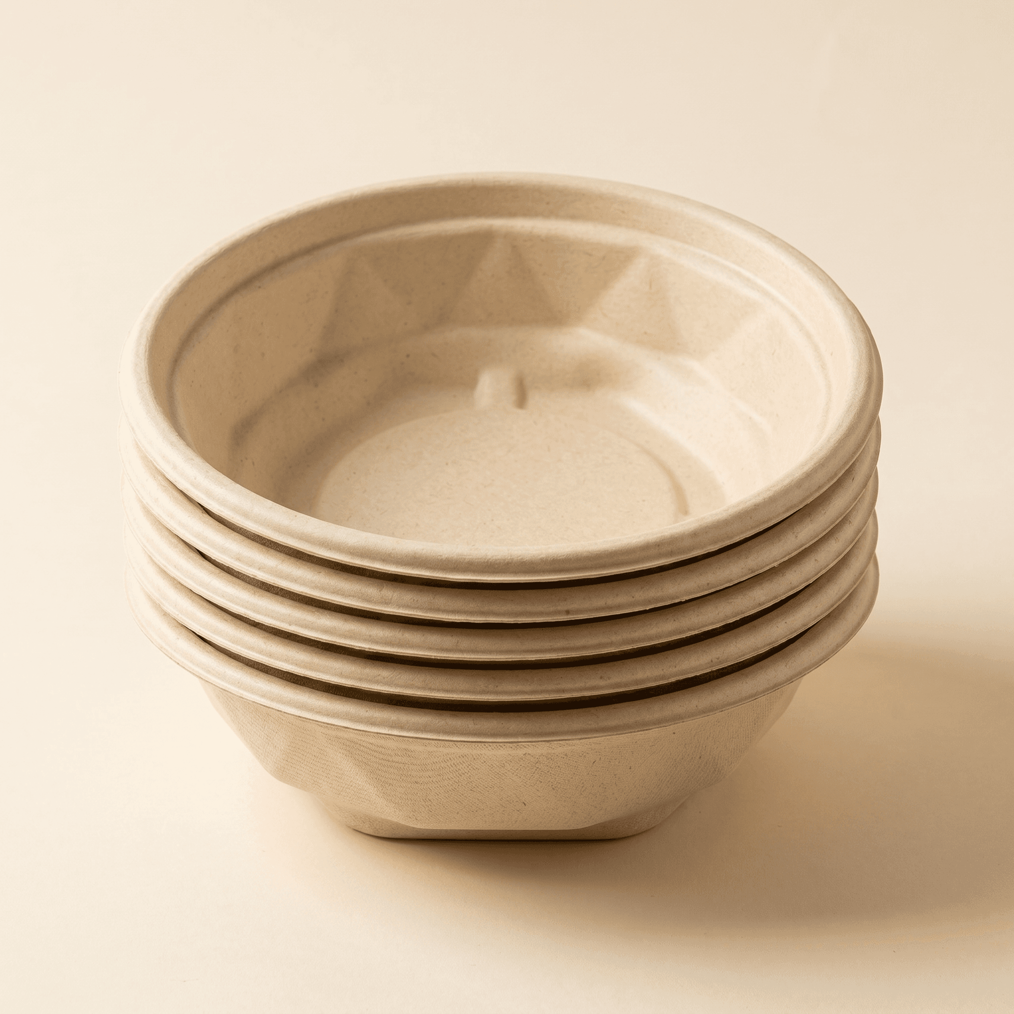 A stack of empty bagasse bowls nested compactly together, showing how they store