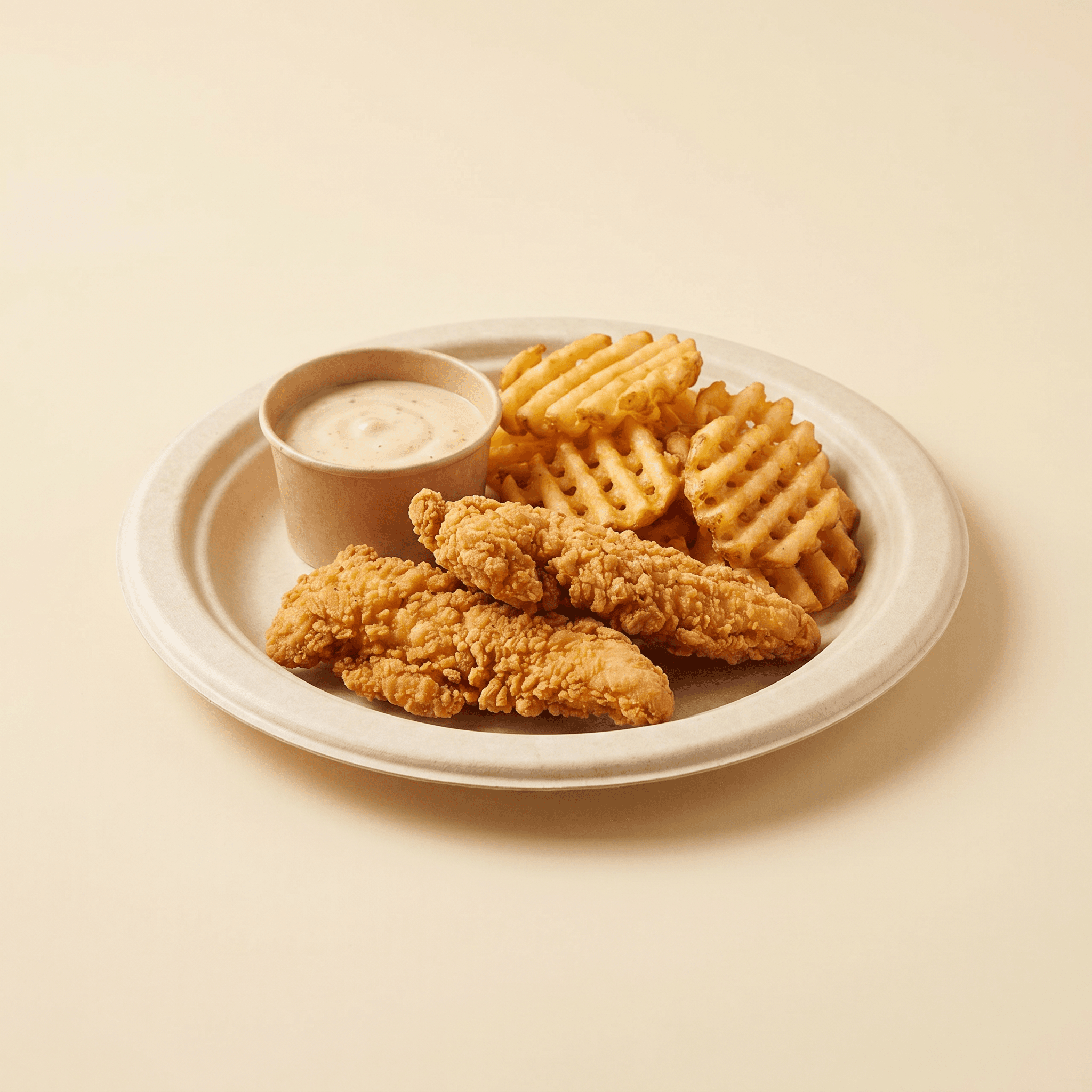 7-inch bagasse plate holding a single-serving portion of crispy chicken tenders and waffle fries with a small cup of dipping sauce on a cream studio background