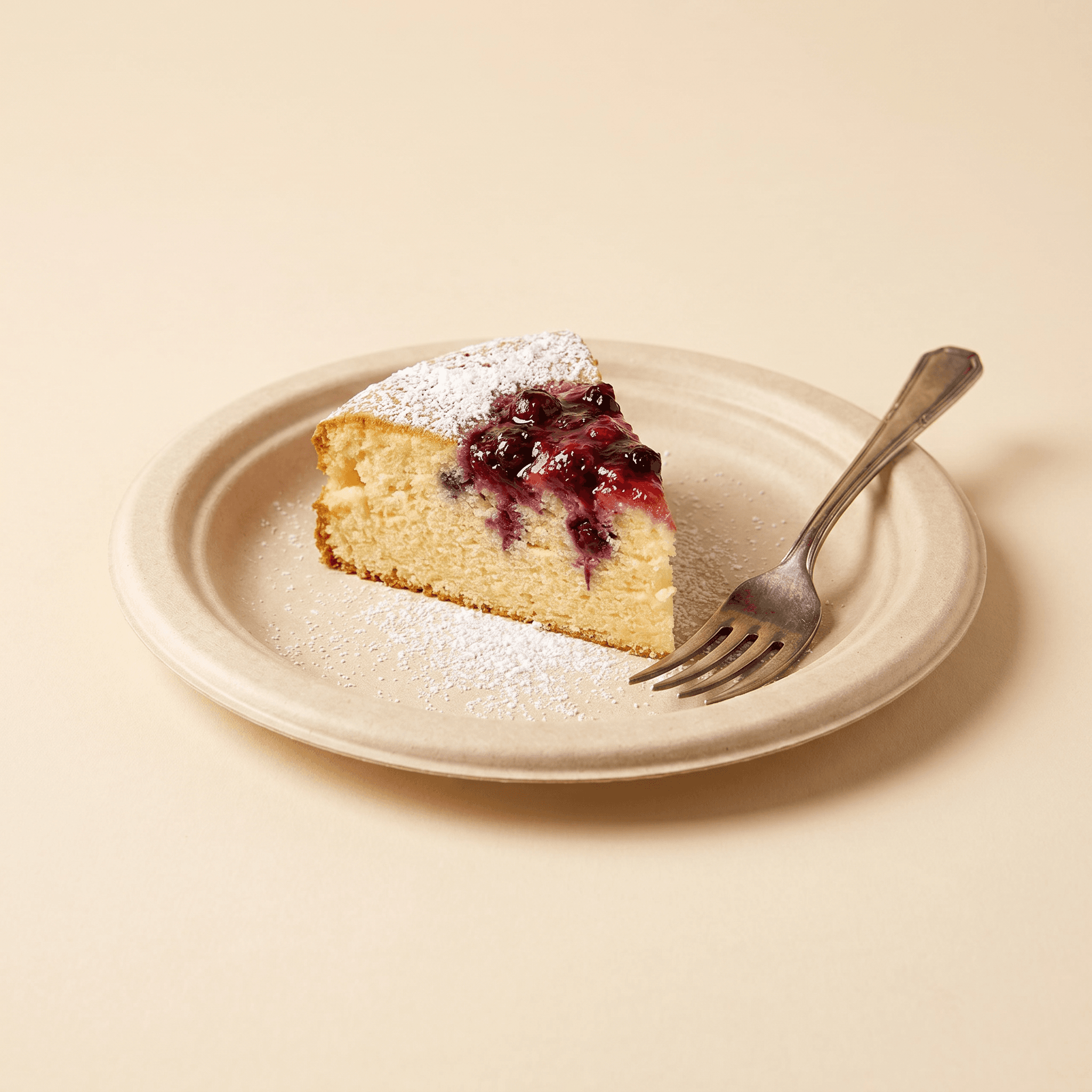 7-inch bagasse plate holding a slice of cake with a fork on a cream studio background, shown as a dessert plate