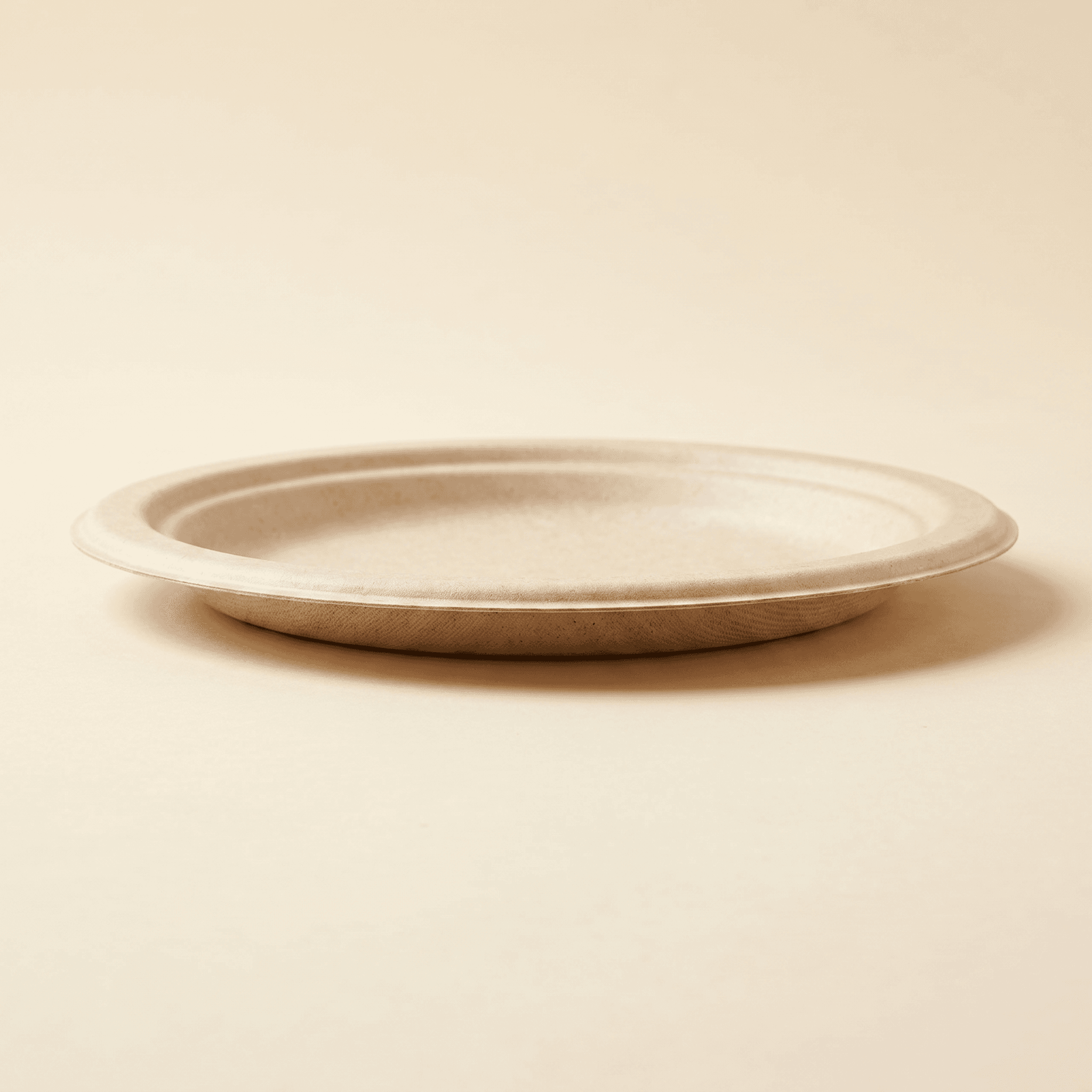 Eye-level side profile of the empty 7-inch bagasse plate showing its low shallow profile and slightly raised rolled rim