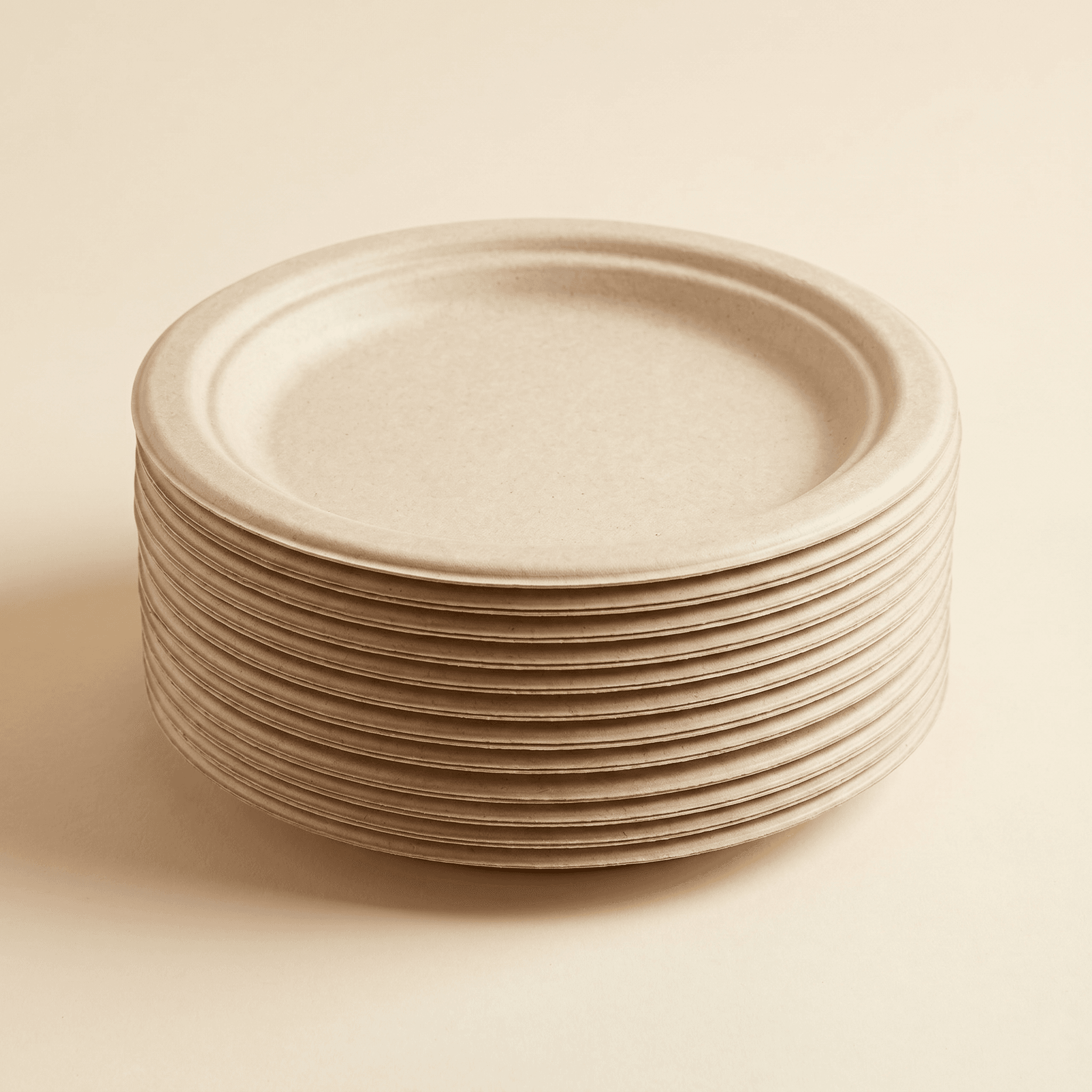 A stack of empty 7-inch bagasse plates nested compactly together, showing how they store