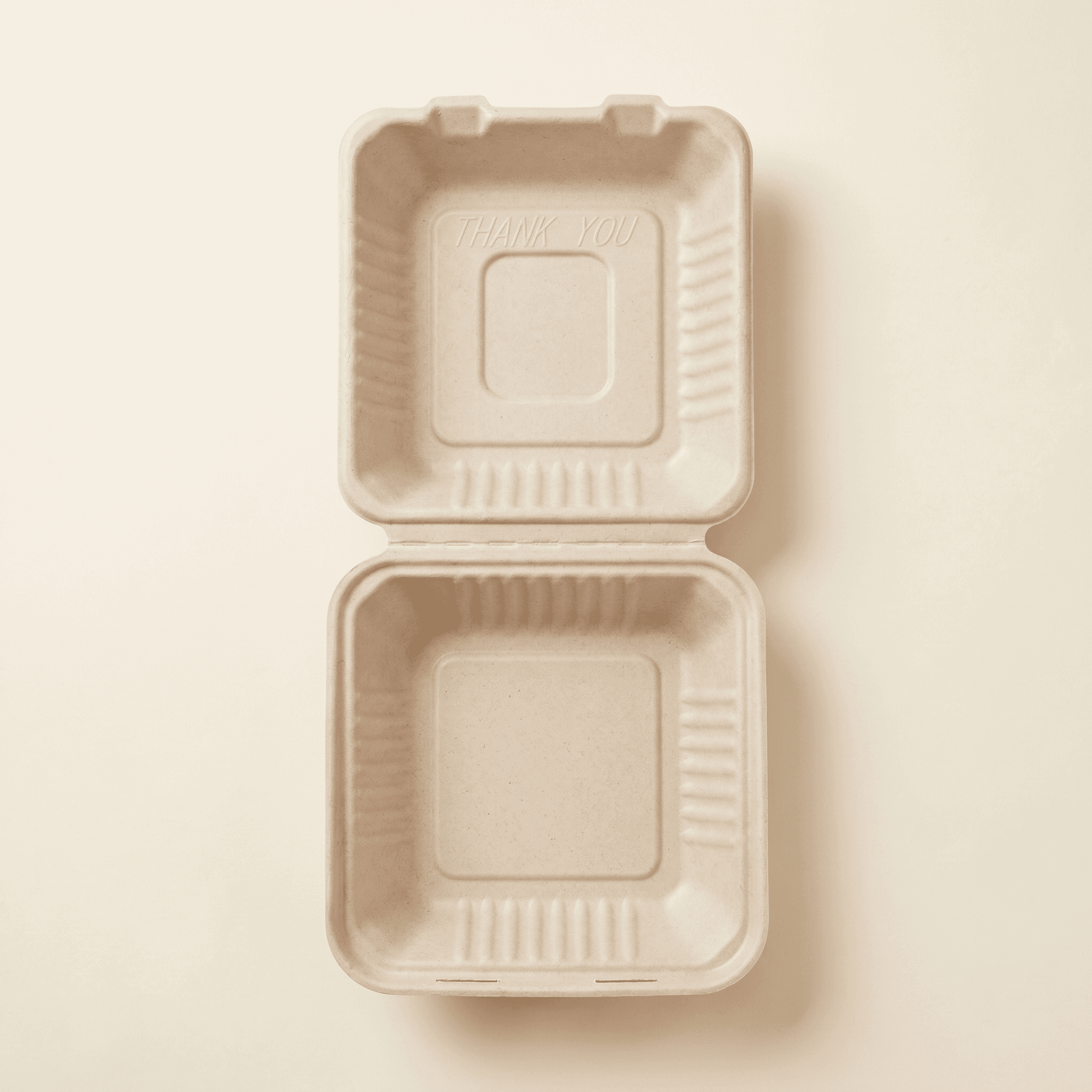 Top-down view of the open clamshell, both halves flat, showing the single deep compartment and the embossed THANK YOU lid