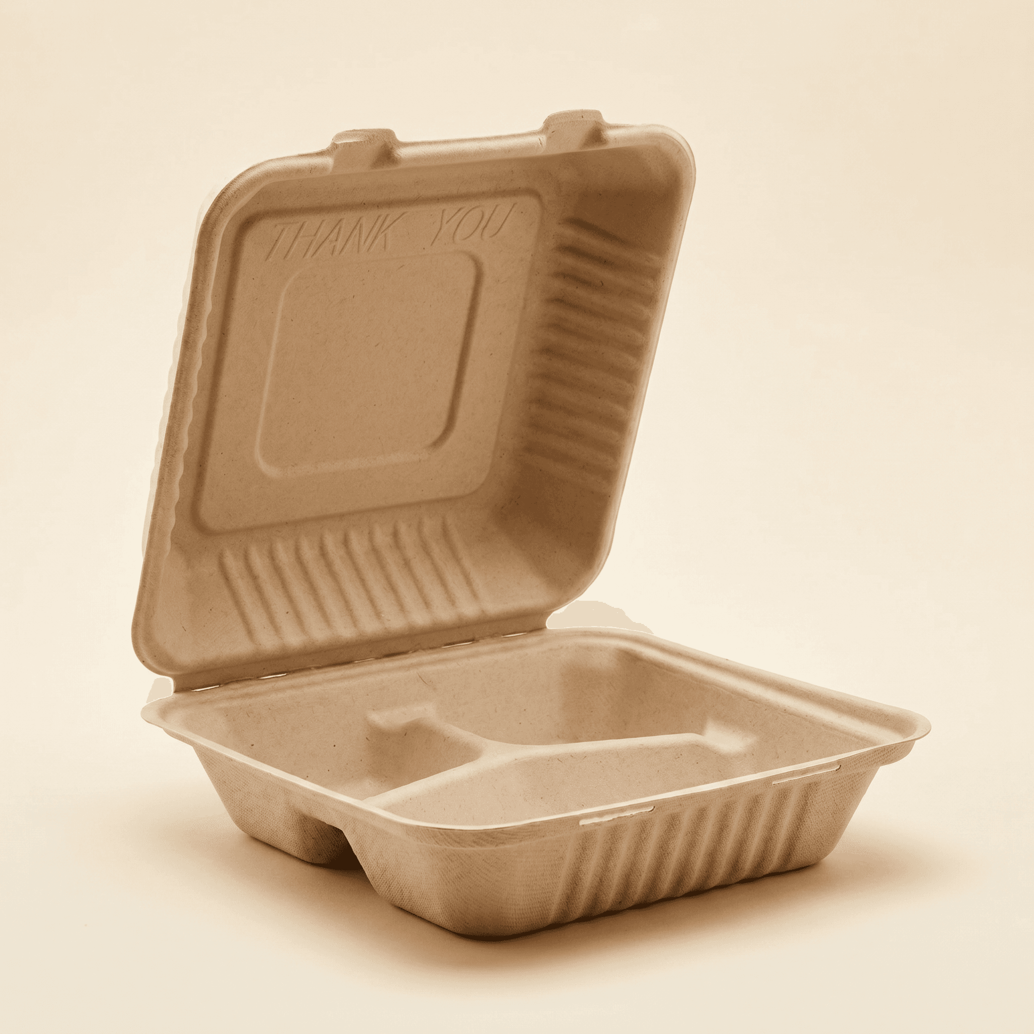 9×9 three-compartment bagasse clamshell, lid open at an angle showing the one large and two small compartments and the embossed THANK YOU lid