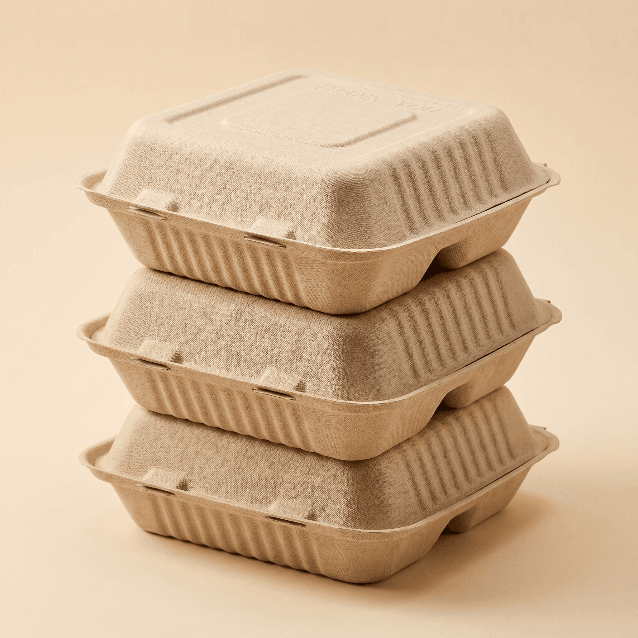 A stack of closed bagasse clamshells showing how compactly they nest for storage