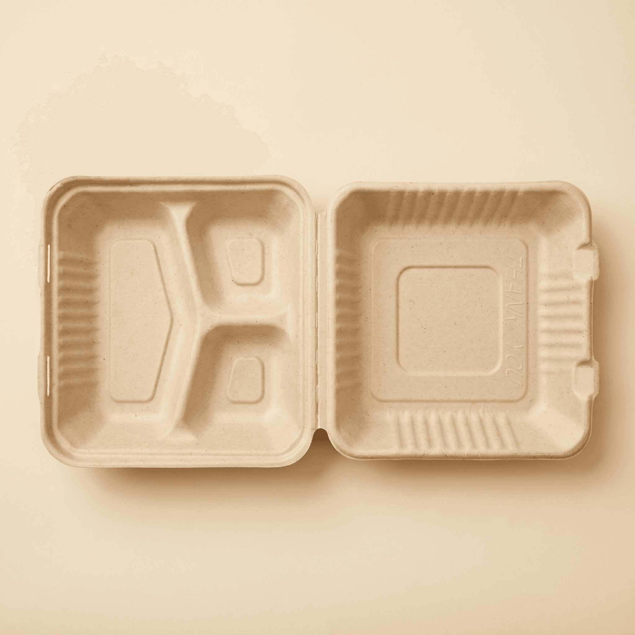 Top-down view of the open clamshell, both halves flat, showing the one large plus two small compartment layout