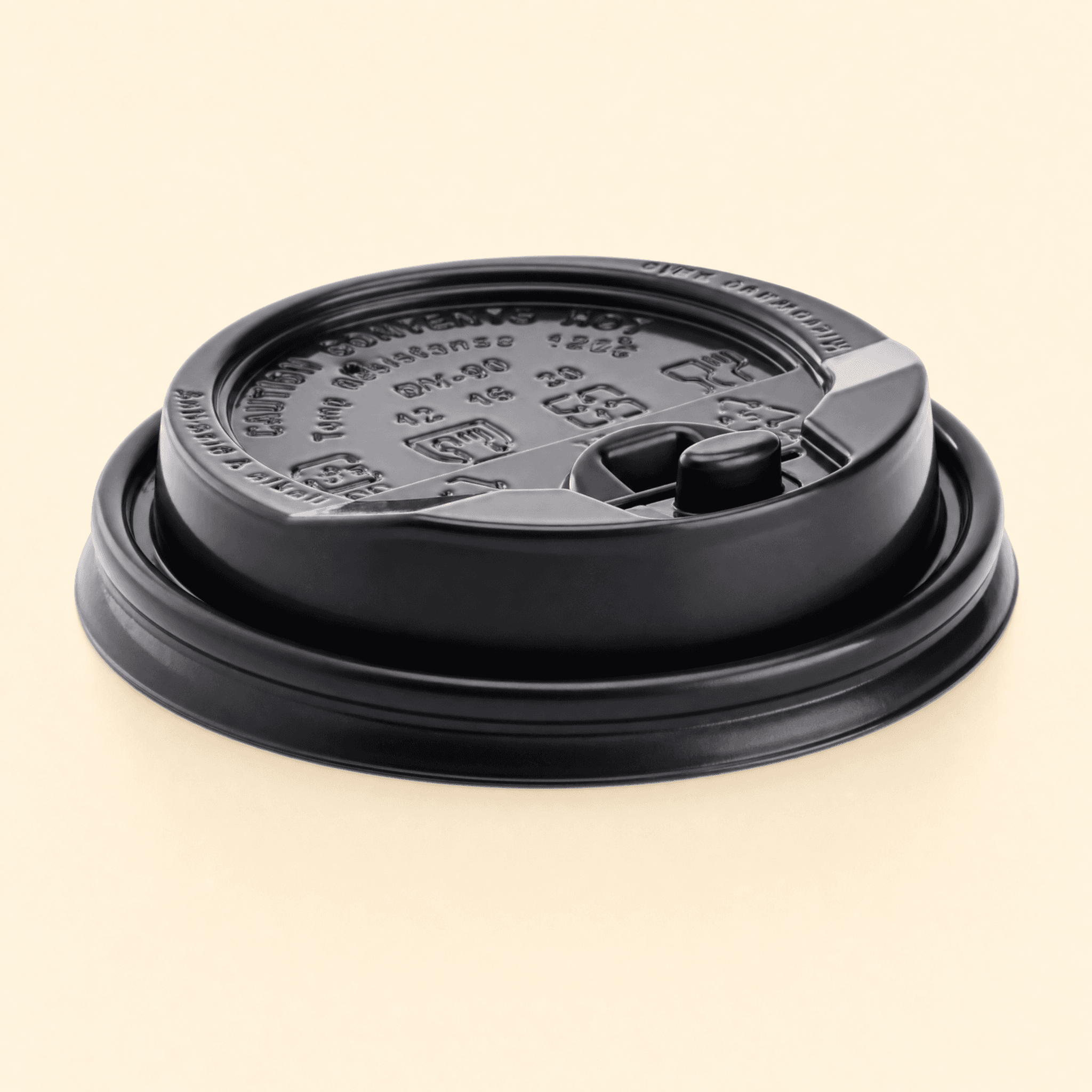 Black PP plastic dome coffee cup lid at a three-quarter angle on a cream studio background, showing the re-closeable sip tab and embossed top
