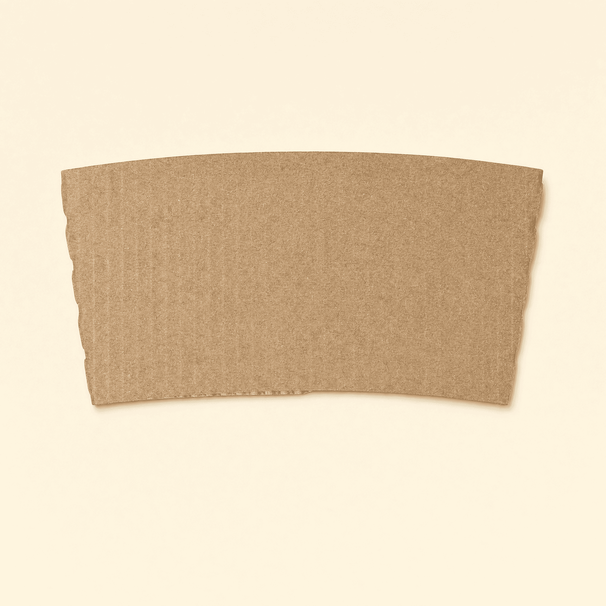 A single corrugated kraft coffee cup sleeve laid flat and gently curved, smooth kraft outer surface facing up, on a cream background