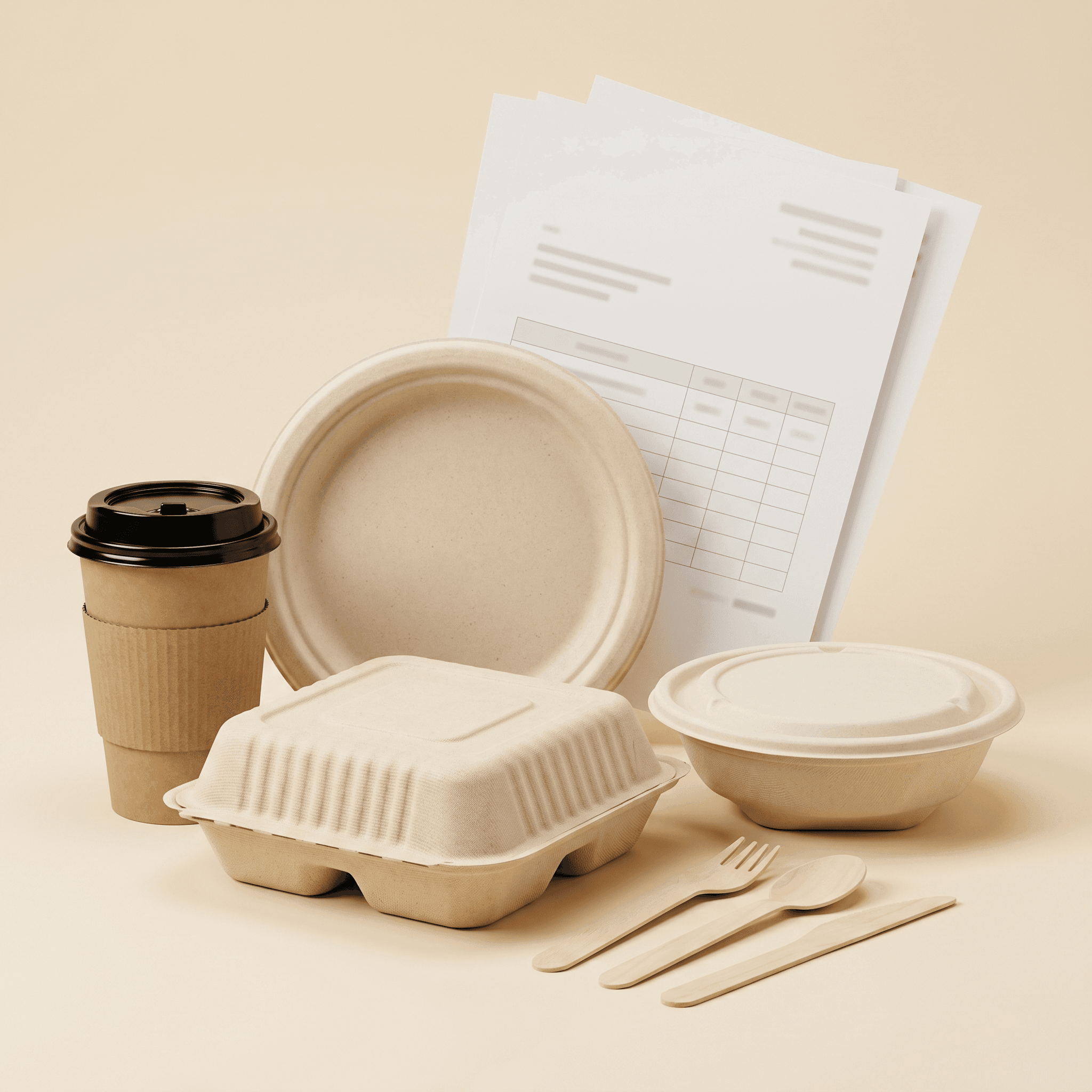 The DecomPack Sample Kit: bagasse clamshell, 16 oz bowl with lid, 7-inch plate, kraft hot cup with sleeve and lid, and birch fork, spoon and knife arranged together on a cream studio background
