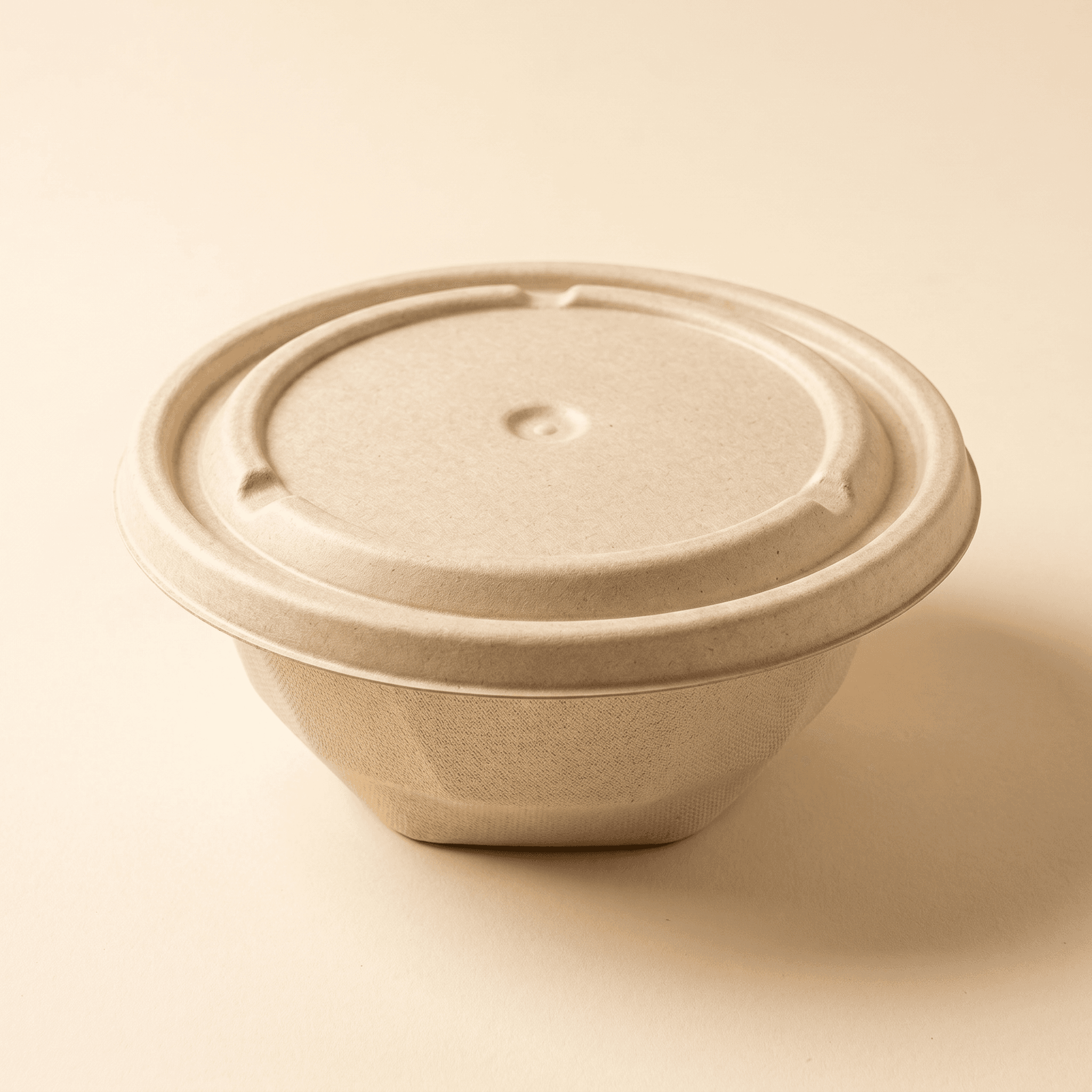 The bagasse fiber lid snapped closed onto the matching 16 oz bagasse bowl on a cream studio background, showing how it seals the bowl for transport
