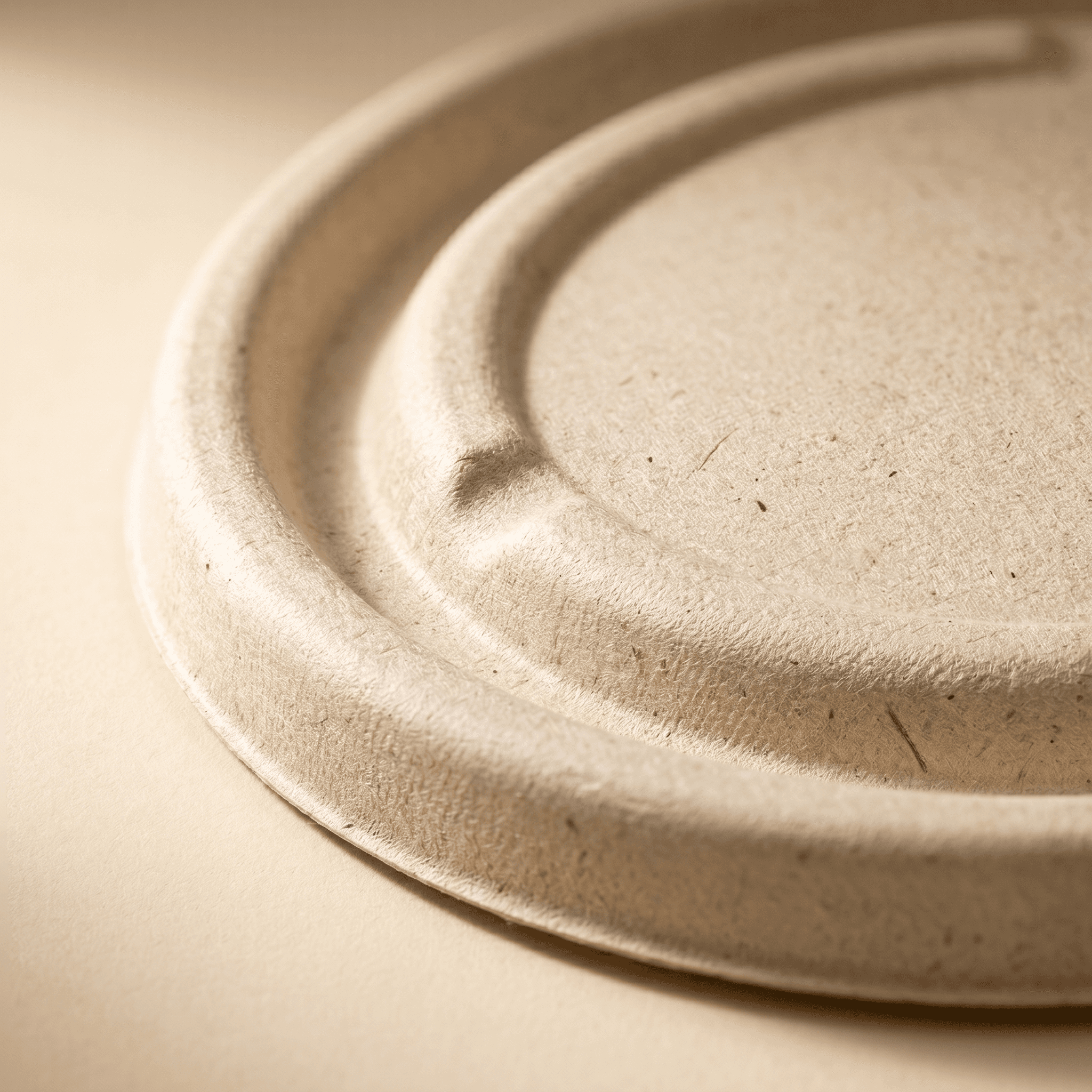 Macro detail of the matte molded sugarcane bagasse fiber surface and a stepped concentric groove on the lid
