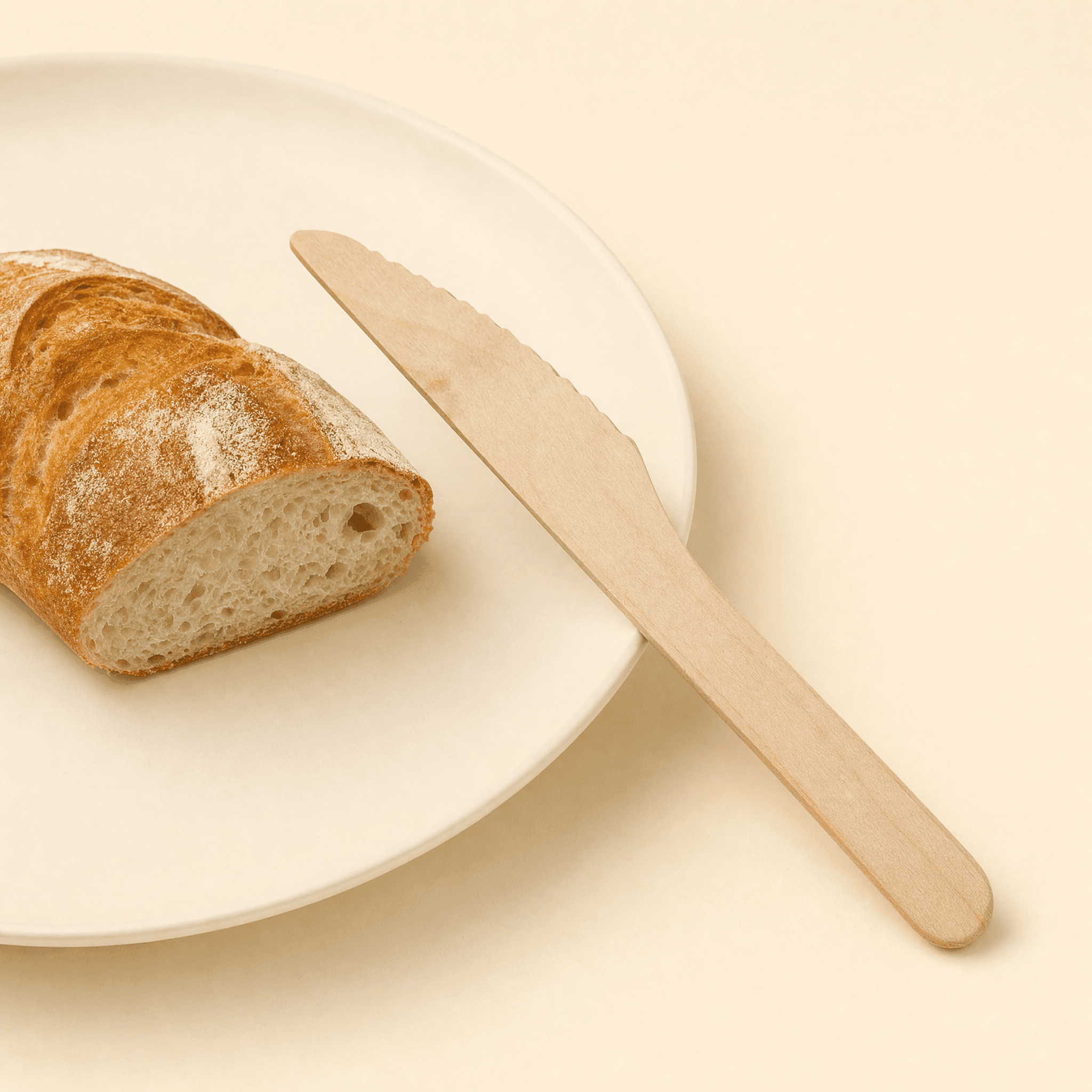 Birch knife resting on a plain cream plate beside a sliced artisan bread roll on a cream background