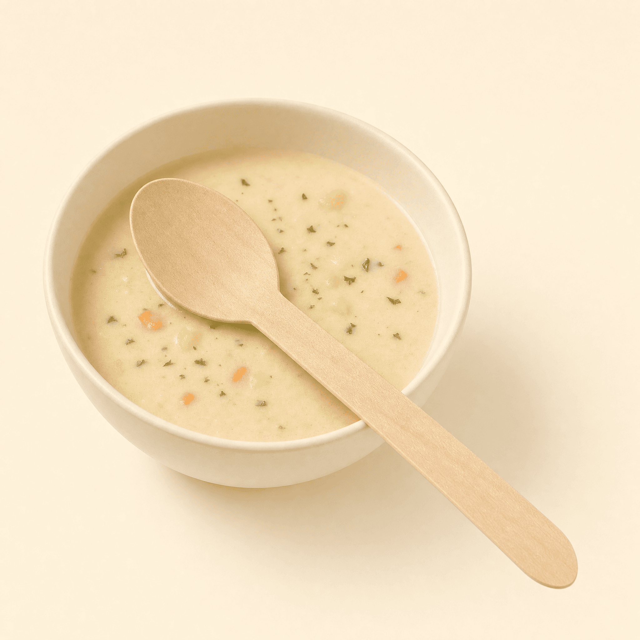 Birch spoon resting in a plain cream bowl of creamy soup on a cream background