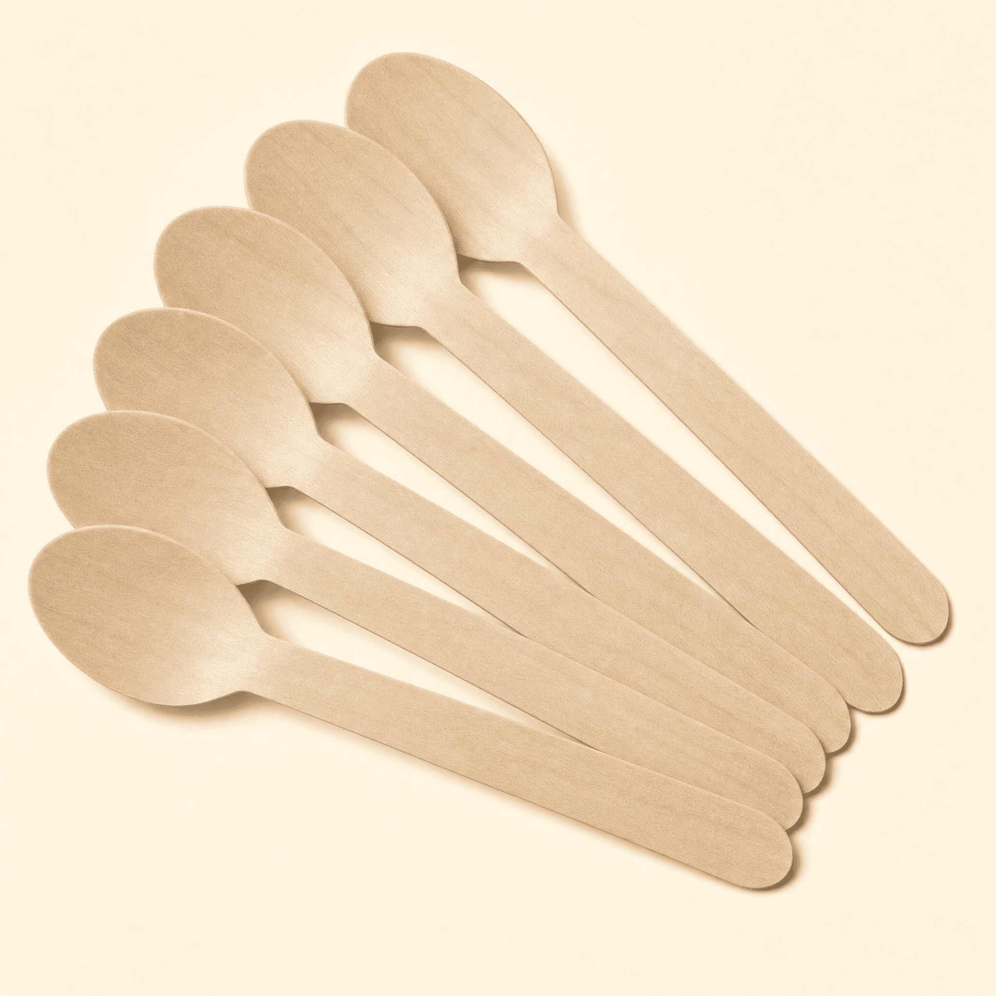 Six identical birch spoons fanned out in a row, showing they are sold in bulk by the case